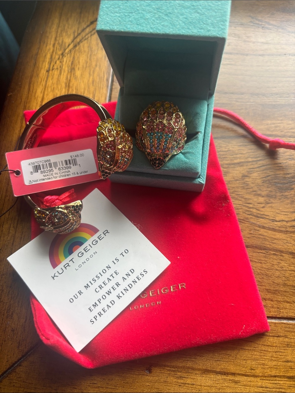 Kurt Geiger Gold-Tone Multicolor Crystal Peacock Ring and Bracelet Set